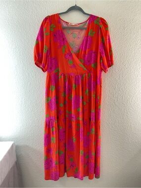 Label of Love Midi Maxi Dress Vibrant Tropical Wrap Style Puff Sleeves Flowy